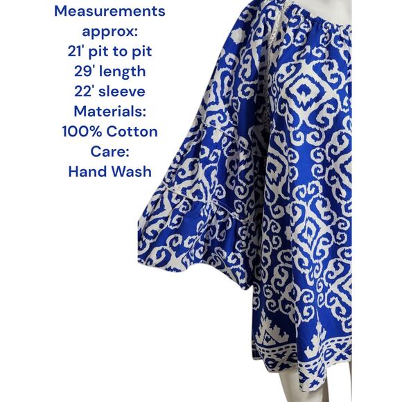 Calessa Scoop Neck 3/4 Flare Sleeve Blue/ White Women's Pullover Blouse Large - Picture 2 of 9